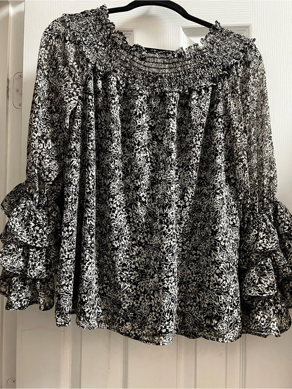 CeCe Black & White Floral Smocked Off-Shoulder Ruffle Sleeve Blouse - Picture 2 of 2